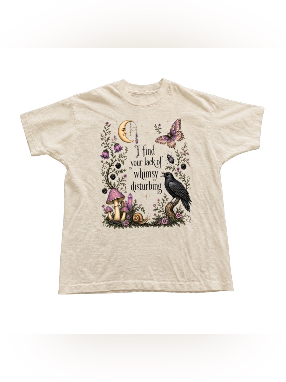 Off White Whimsical Nature Graphic Tee with Raven & Butterfly